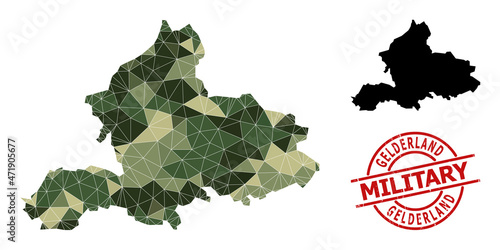 Low-Poly mosaic map of Gelderland Province, and rubber military stamp print. Low-poly map of Gelderland Province is designed from scattered camo color triangles.