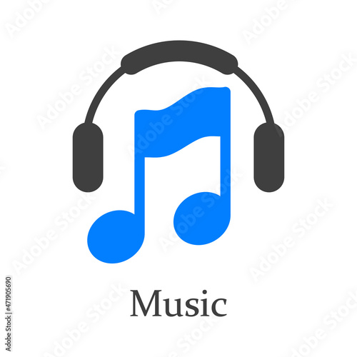 Logotipo lineal con texto Music con nota musical con audifonos para su uso en invitaciones y tarjetas de felicitación en color gris y azul
