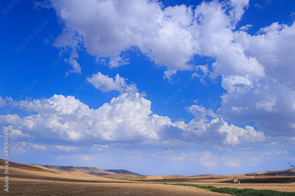 RURAL LANDSCAPE SUMMER. Between Apulia and Basilicata: hilly landscape with cornfield dominated by a clouds, ITALY. Farmhouse on a hill between fields of grain.