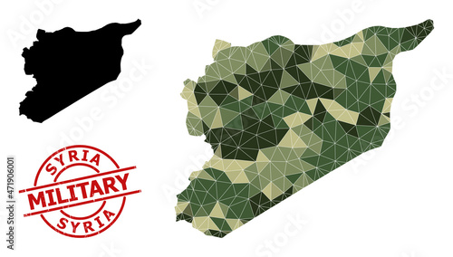 Low-Poly mosaic map of Syria, and rough military badge. Low-poly map of Syria is designed from random khaki colored triangles. Red round stamp for military and army conceptual illustrations,