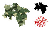 Lowpoly mosaic map of Lower Saxony State, and distress military stamp seal. Lowpoly map of Lower Saxony State constructed with chaotic camo colored triangles.