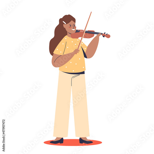 Cute girl playing violin. Small kid play classical music on classic instrument. Children orchestra