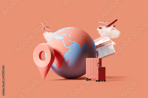 Globe with a suitcase, airline tickets, plane and geotag on a pink background. The concept of airplane travel, business trip, travel, vacation. 3d rendering photo