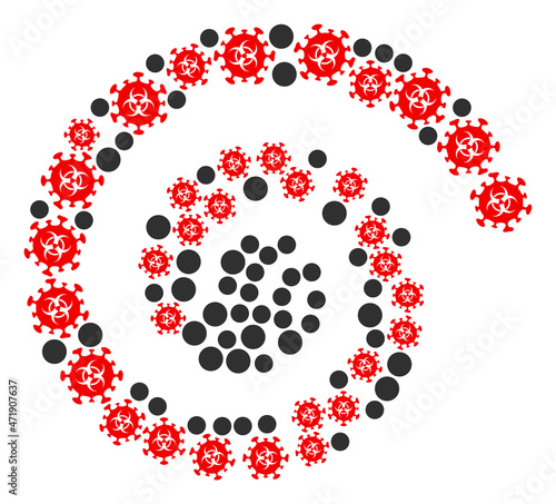 Biohazard coronavirus icon spiral swirl collage. Biohazard coronavirus icons are formed into spiral vector illustration. Abstract spiral designed from randomly allocated biohazard coronavirus items.