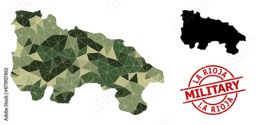 Triangle mosaic map of La Rioja Spanish Province, and rubber military stamp print. Low-poly map of La Rioja Spanish Province is designed from random camouflage color triangles.