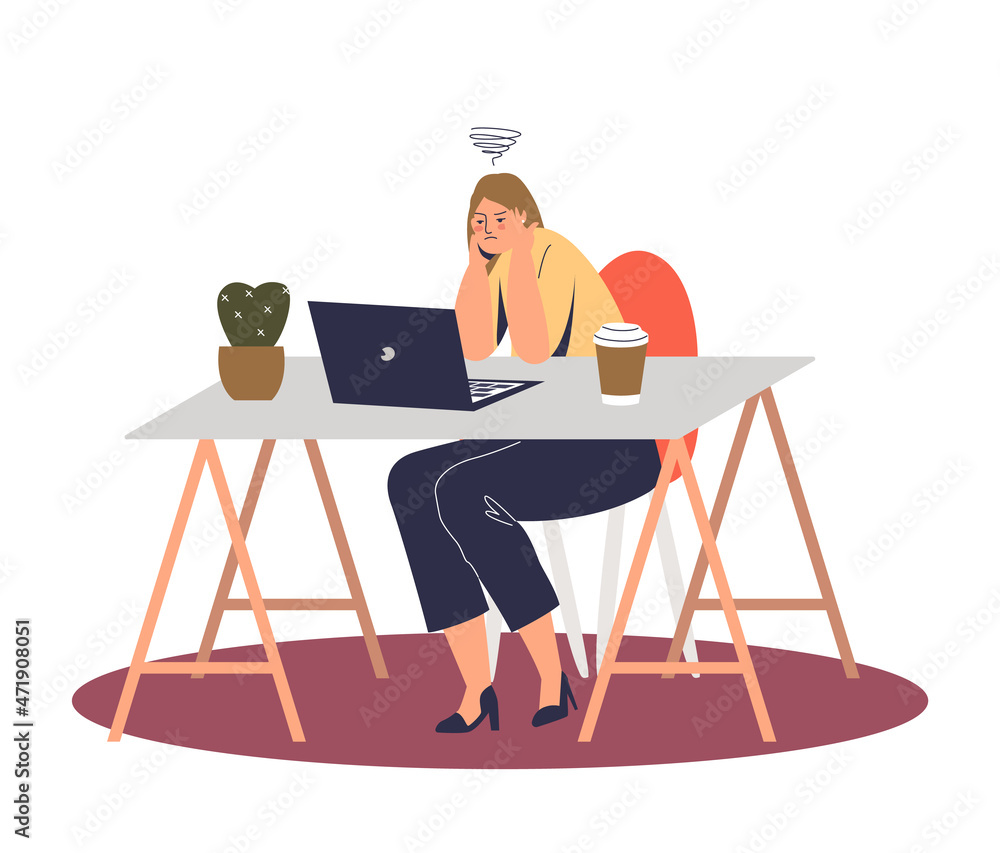 Fototapeta premium Stressed young female worker workaholic pensive thinking on problem solution on workplace