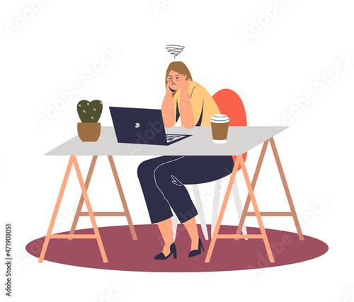 Stressed young female worker workaholic pensive thinking on problem solution on workplace