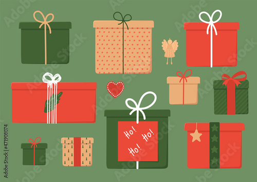 Set of Christmas gifts. Xmas, New Year greeting vector illustration.