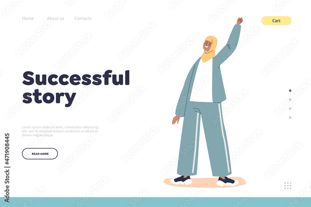 People with story of success concept of landing page with cheerful young woman excited of victory
