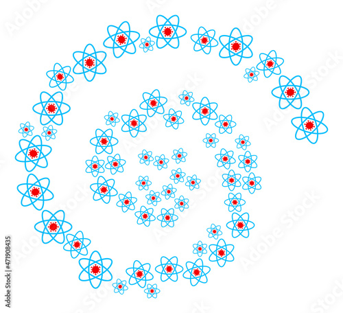 Virus atom icon spiral twirl mosaic. Virus atom icons are formed into whirlpool mosaic structure. Abstract twirl designed from randomly placed virus atom icons.