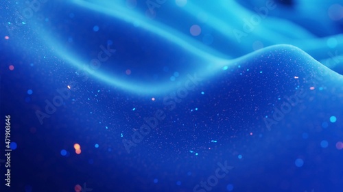 fantastical festive blue bg. Stylish abstract background, waves on matt surface like landscape made of liquid blue wax with sparkles. Beautiful soft background. 3d render