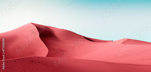 Dark pink dunes and blue sky. Desert dunes landscape with contrast skies. Minimal abstract background. 3d rendering