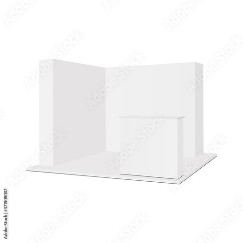 Blank Trade Show Booth Mockup with Demonstration Table, Side View, Isolated on White Background. Vector Illustration