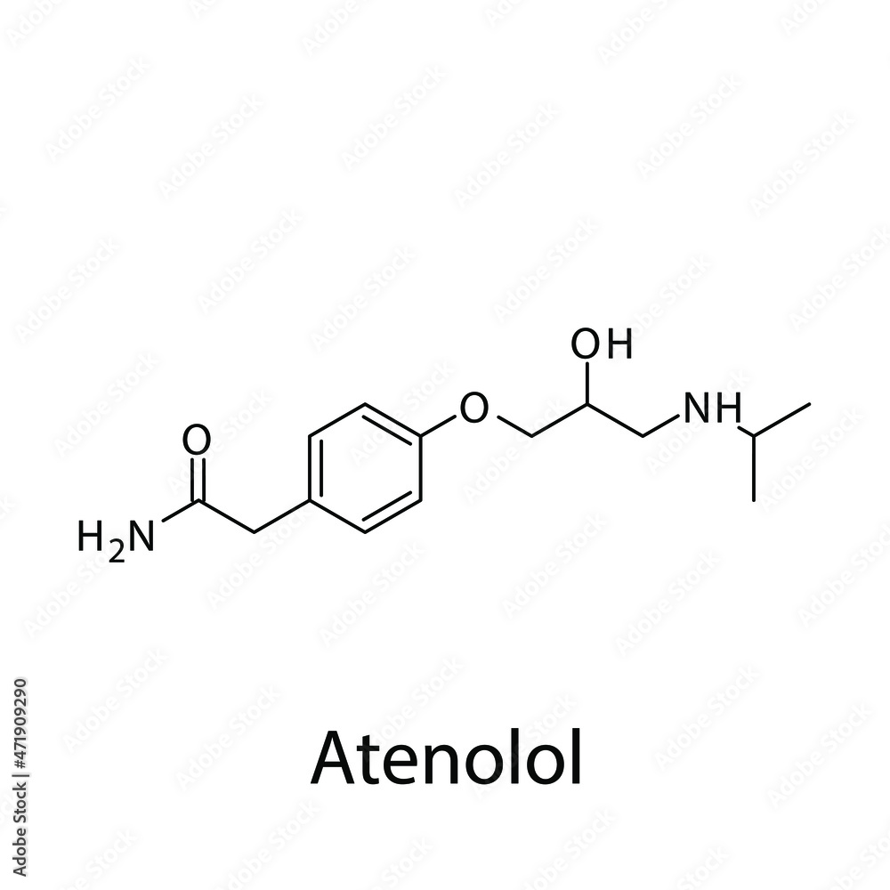 Atenolol molecular structure, flat skeletal chemical formula. Beta blocker drug used to treat Hypertension. Vector illustration.
