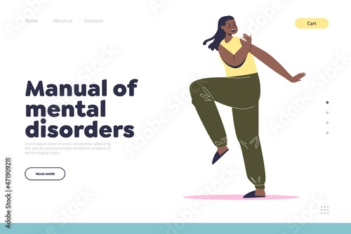 Manual of mental disorders concept of landing page with frightened young woman looking afraid