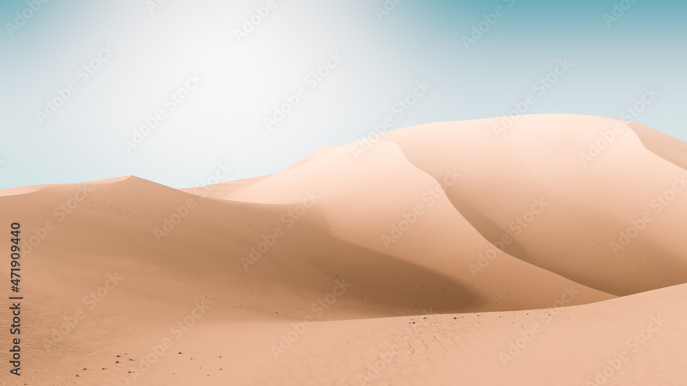 Pale dunes and teal sky. Desert dunes landscape with contrast skies. Minimal abstract background. 3d rendering