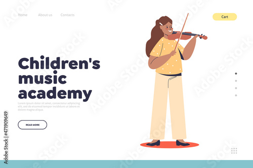 Children music academy concept of landing page with cute girl playing violin