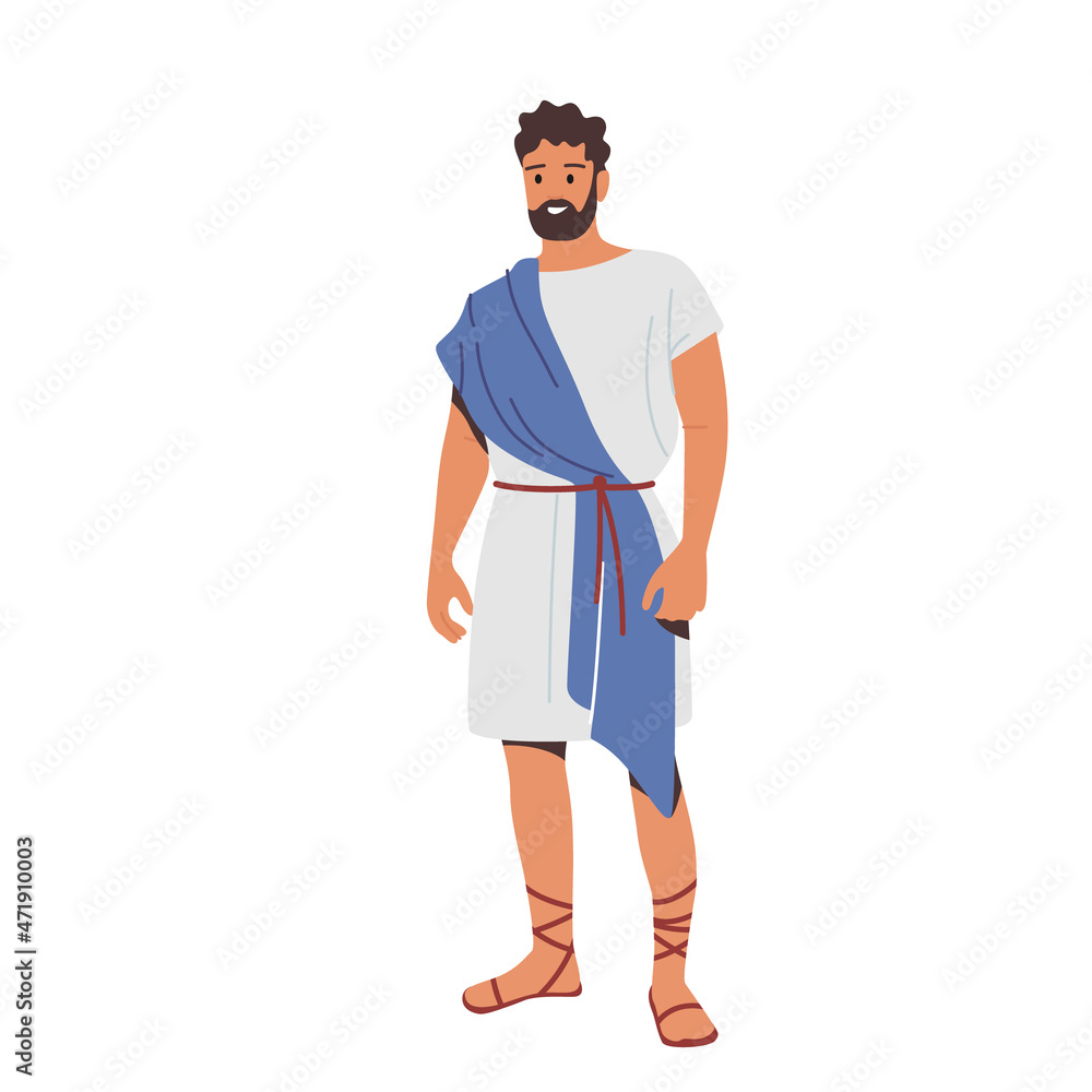 Fototapeta premium Roman Man in Historical Costume, Male Character Wear Traditional Clothes, Ancient Rome Citizen in Blue or White Tunic