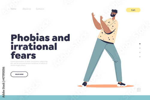 Phobia and irrational fear concept of landing page with scared young man look frightened