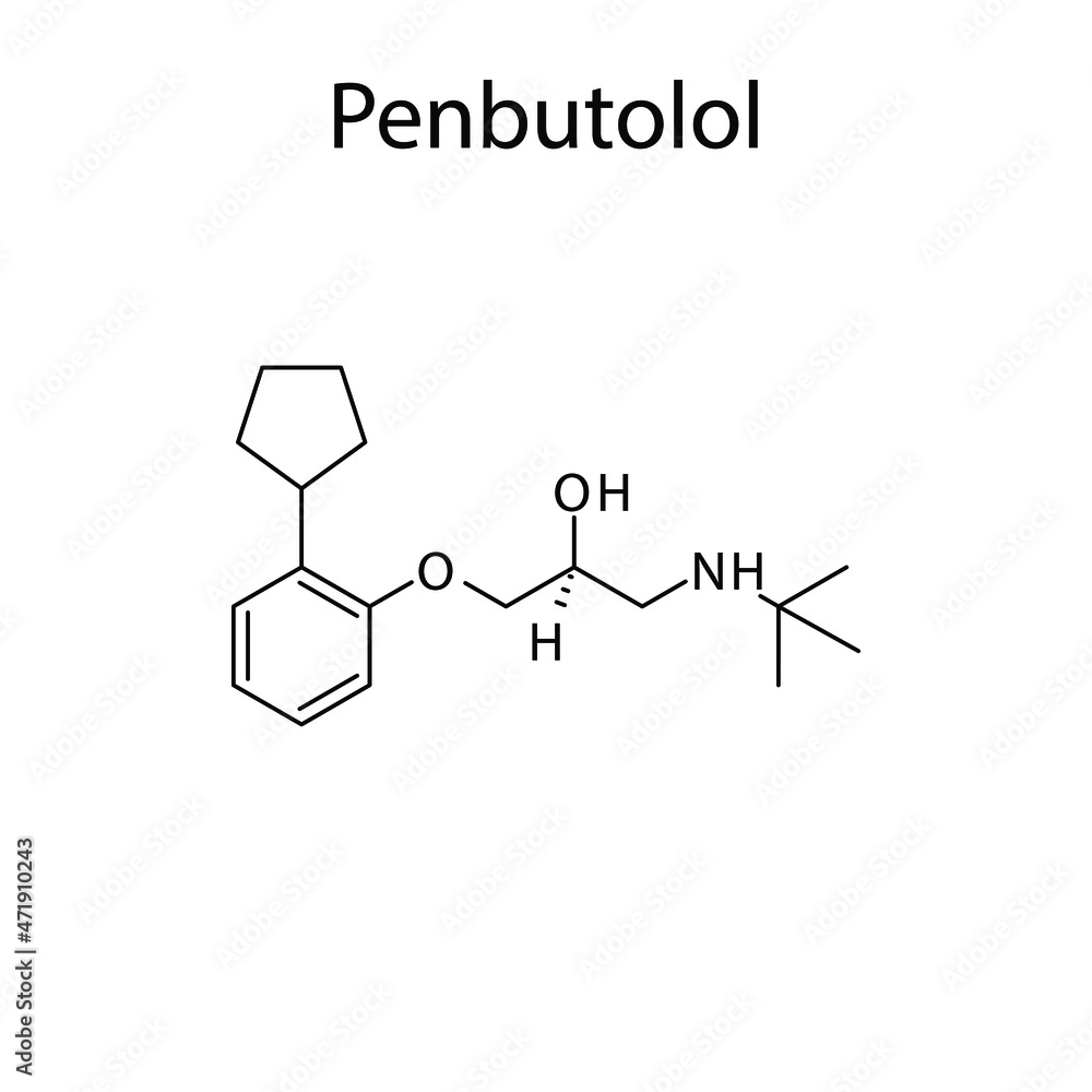 Penbutolol molecular structure, flat skeletal chemical formula. Beta blocker drug used to treat Hypertension. Vector illustration.