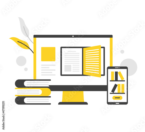 Digital library, online library. Flat vector illustration. Computer with open book on screen. Mobile phone with bookshelves. Modern concepts. Flat design