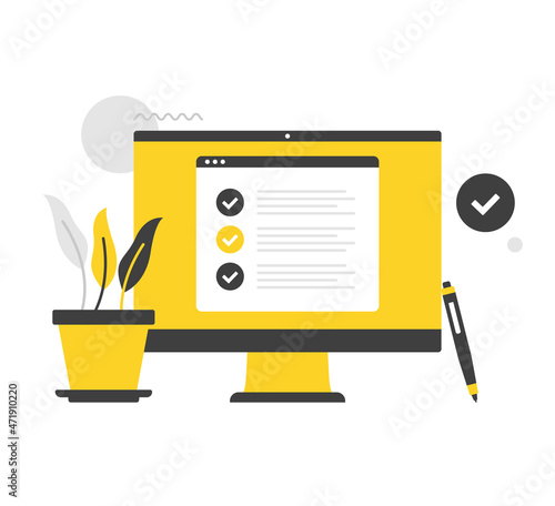 Checklist. Flat vector illustration. Checklist on computer screen. Survey, check list, website with check marks, agreement. Modern concepts. Flat design