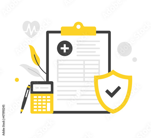 Health insurance. Flat vector illustration. Clipboard with medical insurance, calculator, pen and shield with check mark. Modern concepts. Flat design
