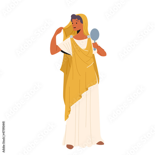 Roman Woman Wear Tunic and Sandals Preen with Mirror in Hands. Pretty Girl Character in Traditional Ancient Rome Costume