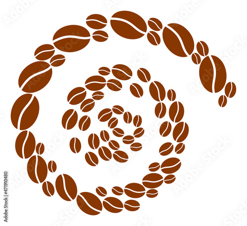 Coffee bean icon spiral motion mosaic. Coffee bean items are organized into cycle mosaic structure. Abstract cycle is done from random coffee bean items.