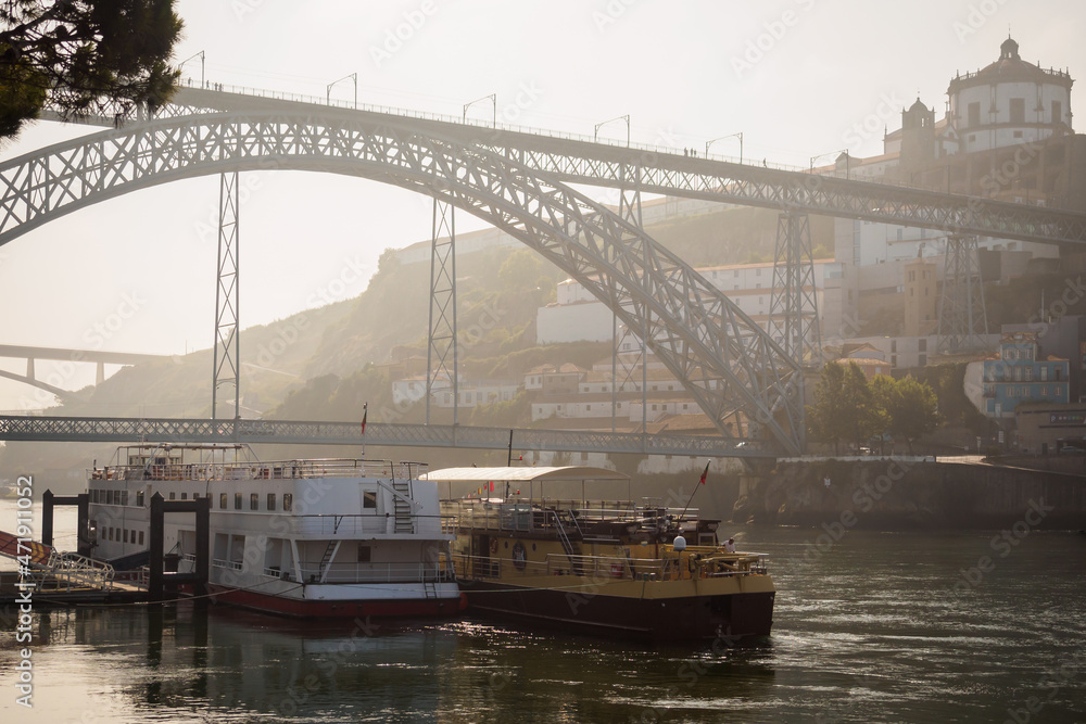 Early morning mist on the Douro river docks in Porto