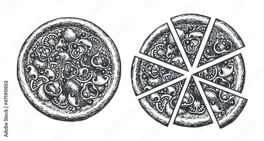 Pizza sketch , slices set. Italian food pepperoni, margarita vector illustration