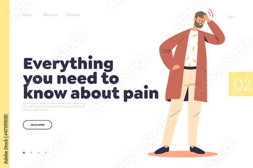 Know about pain concept of landing page with unhappy man suffer from strong headache