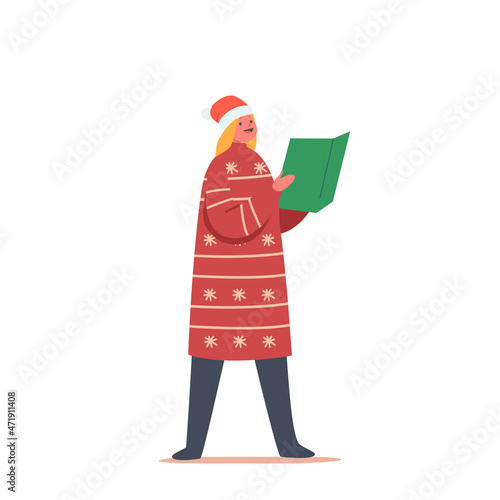 Cute Child Caroling, Happy Kid Character Wear Santa Hat Singing Religious Christmas Songs Isolated on White Background