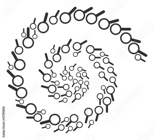 Search icon spiral centrifugal composition. Search items are organized into spiral mosaic structure. Abstraction twirl designed from scatter search items.