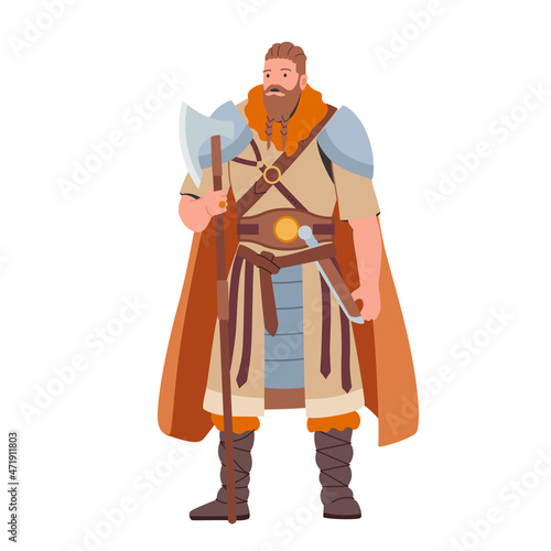 Viking, Scandinavian Warrior Male Character with Tressed Beard, Wear Cape, Holding Armor Axe and Dagger on Belt
