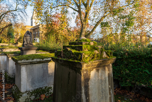 Ancient tombstones and graves overgrown by moss and plants in churchyard garden on autumn morning.