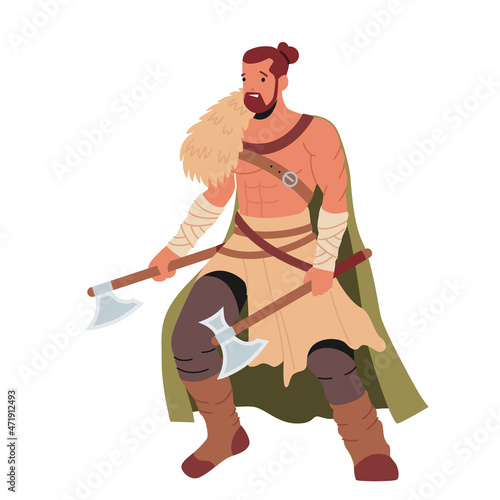 Viking with Naked Torso and Battle Axes, Scandinavian Warrior, Bearded Male Character Wear Cape Holding Armor