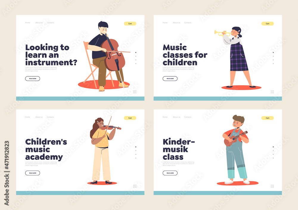 Music classes and academy for children landing pages set with kids play on musical instruments Music classes and academy for children landing pages set with kids play on musical instruments