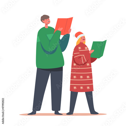 Boy and Girl Sing Carols with Books. Children Caroling, Happy Kids Characters in Santa Claus Hats and Knit Sweaters Sing