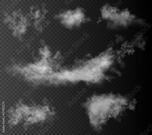 Set of the six vector realistic clouds isolated on dark transparent background.