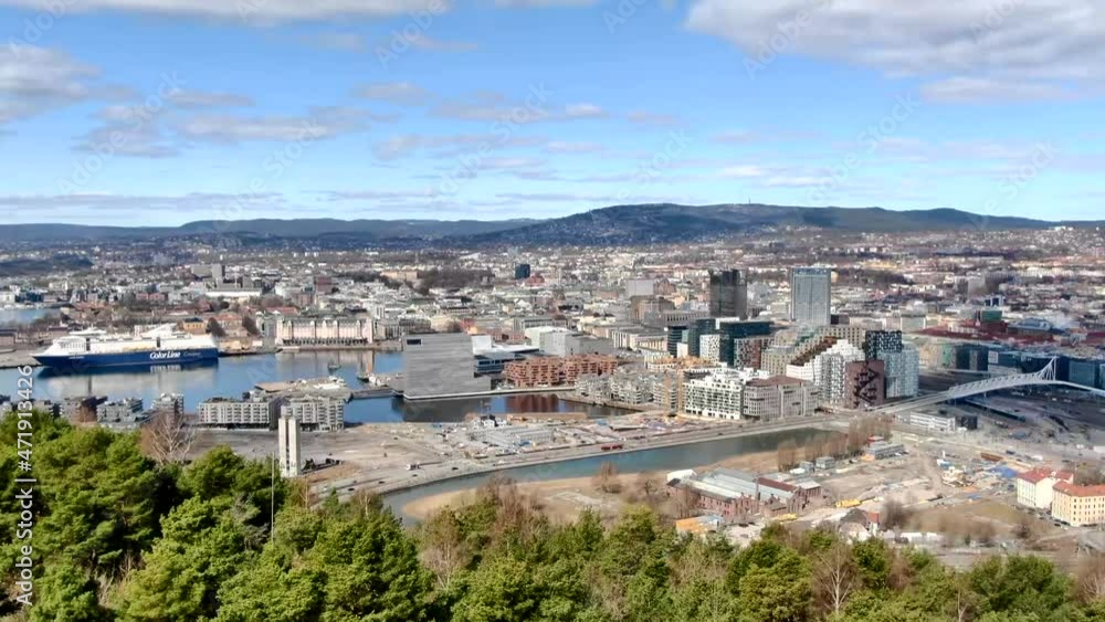 Aerial drone shot of central part of Oslo (Bjorvika, Barcode and Munch museum) in summer 2020 Aerial drone shot of central part of Oslo (Bjorvika, Barcode and Munch museum) in summer 2020