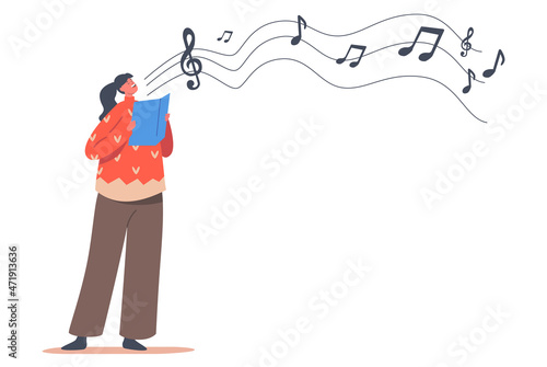 Cute Child Caroling, Happy Kid Character Wear Knit Sweater Singing Christmas Songs Isolated on White Background