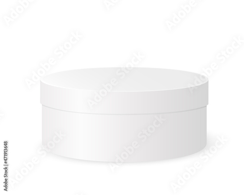 White round box mockup. Plastic, tin or cardboard package for product design. Container for gift, hat, cookies, cosmetics isolated on white background. Vector realistic illustration