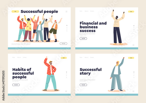 Successful people and story of business and financial success concept of landing pages set
