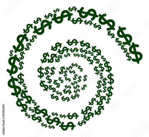 Dollar sign icon spiral mosaic. Dollar sign elements are arranged into whirlpool design concept. Abstract whirlpool created from scatter dollar sign symbols.