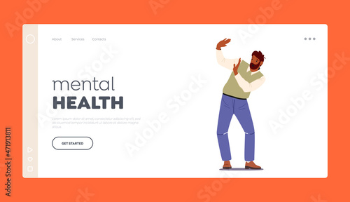 Mental Health Landing Page Template. Scared Male Character with Raised Hands Afraid of Something, Protecting