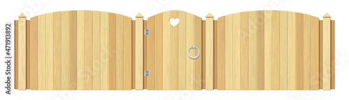 Wooden fence with gate and pillars. Vector