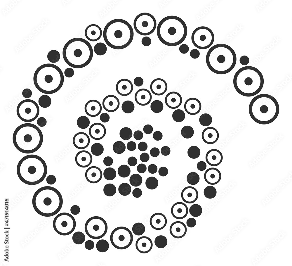 Sphere center icon spiral composition. Sphere center symbols are arranged into spiral vector illustration. Abstraction cycle done from scattered sphere center symbols.