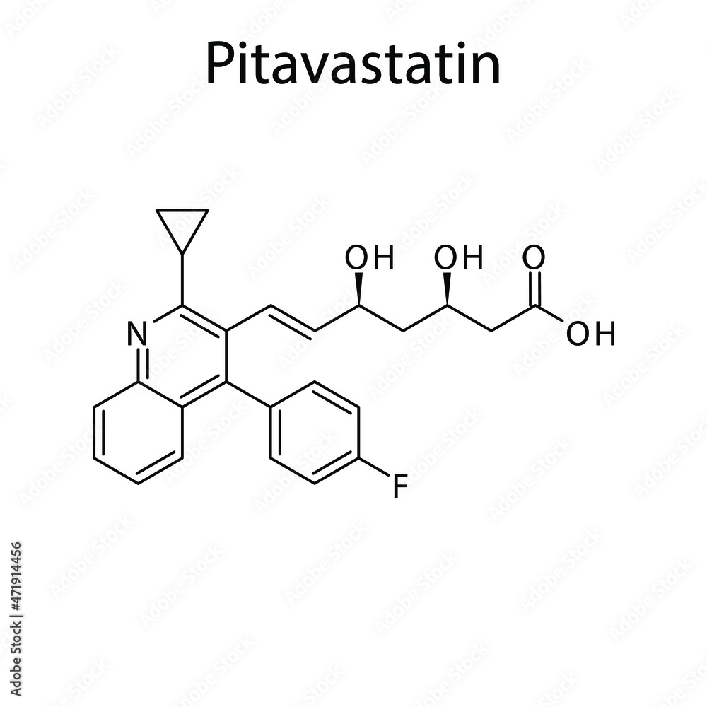Pitavastatin molecular structure, flat skeletal chemical formula. Statin drug used to treat Blood cholesterol, Hyerplipidemia, High LDL. Vector illustration. Pitavastatin molecular structure, flat skeletal chemical formula. Statin drug used to treat Blood cholesterol, Hyerplipidemia, High LDL. Vector illustration.