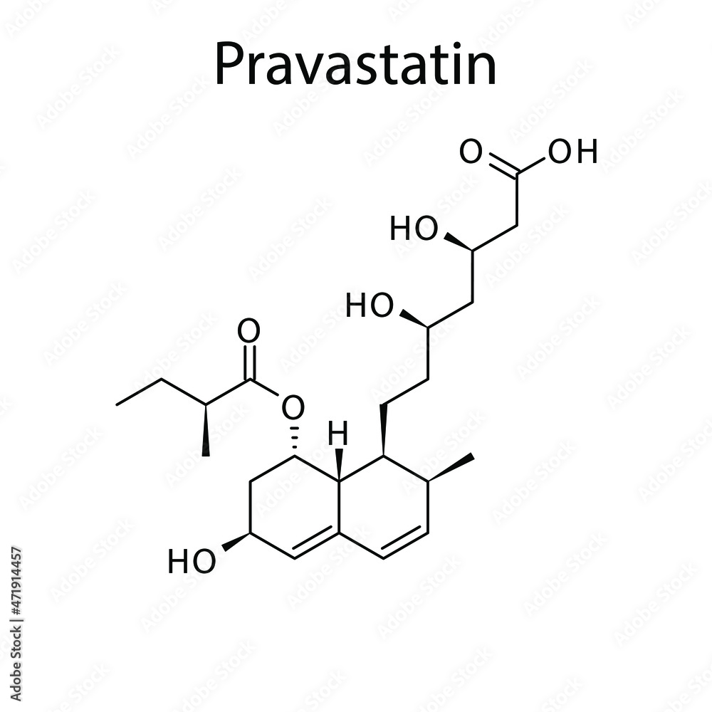 Pravastatin molecular structure, flat skeletal chemical formula. Statin drug used to treat Blood cholesterol, Hyerplipidemia, High LDL. Vector illustration.